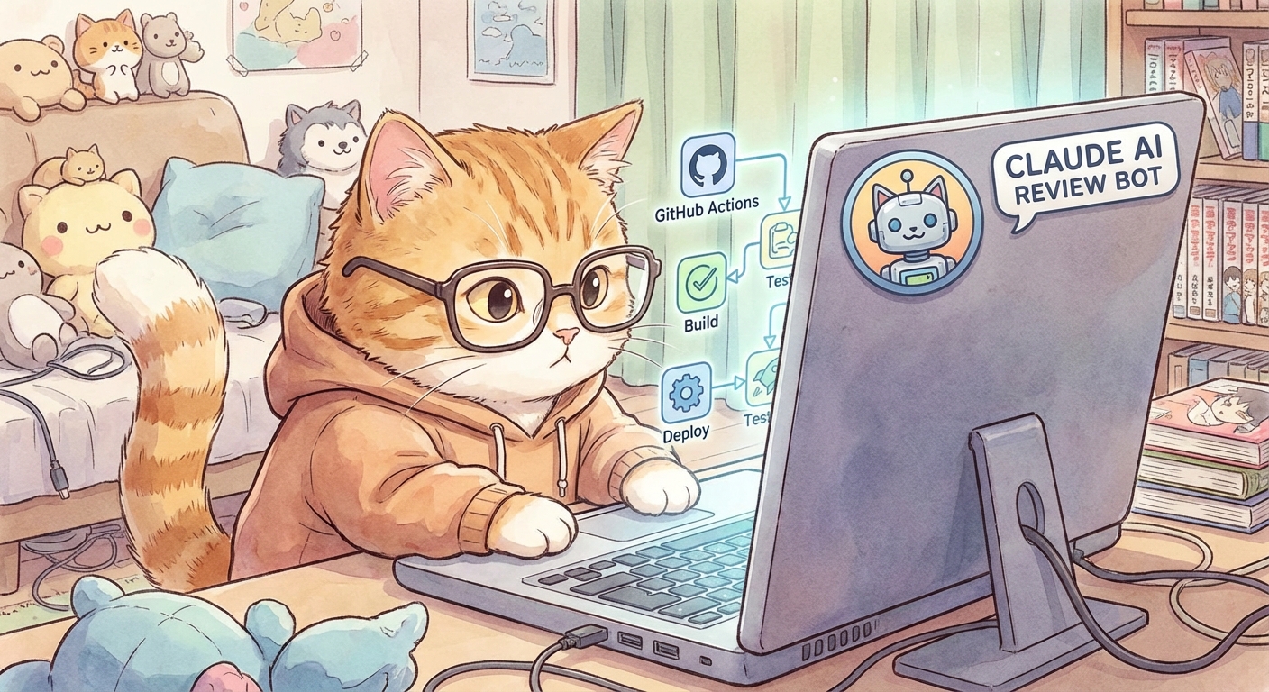 GitHub ActionsでClaude AIレビューボットを設定するネコ