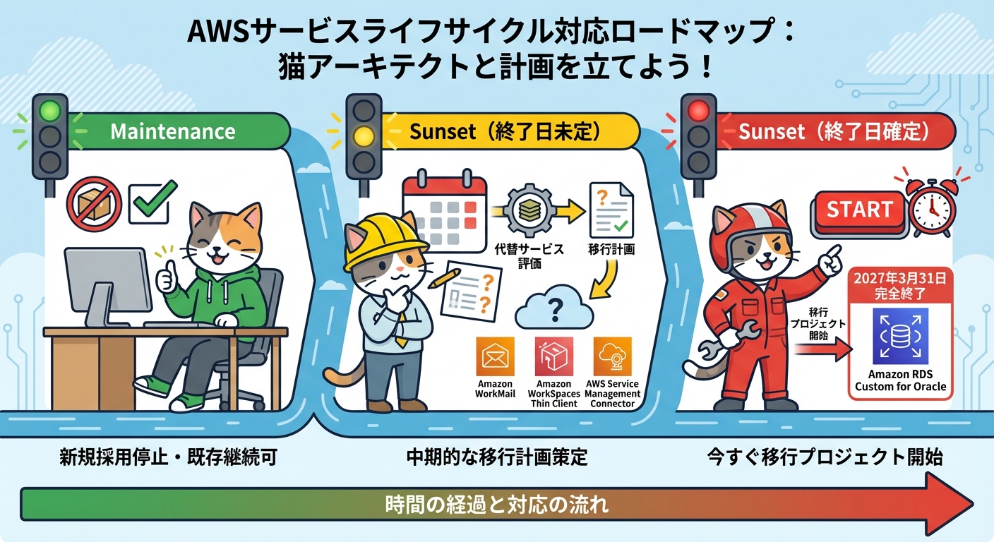 AWSサービスのSunset移行サービスと対応ロードマップ - 移行優先度と手順を示すインフォグラフィック