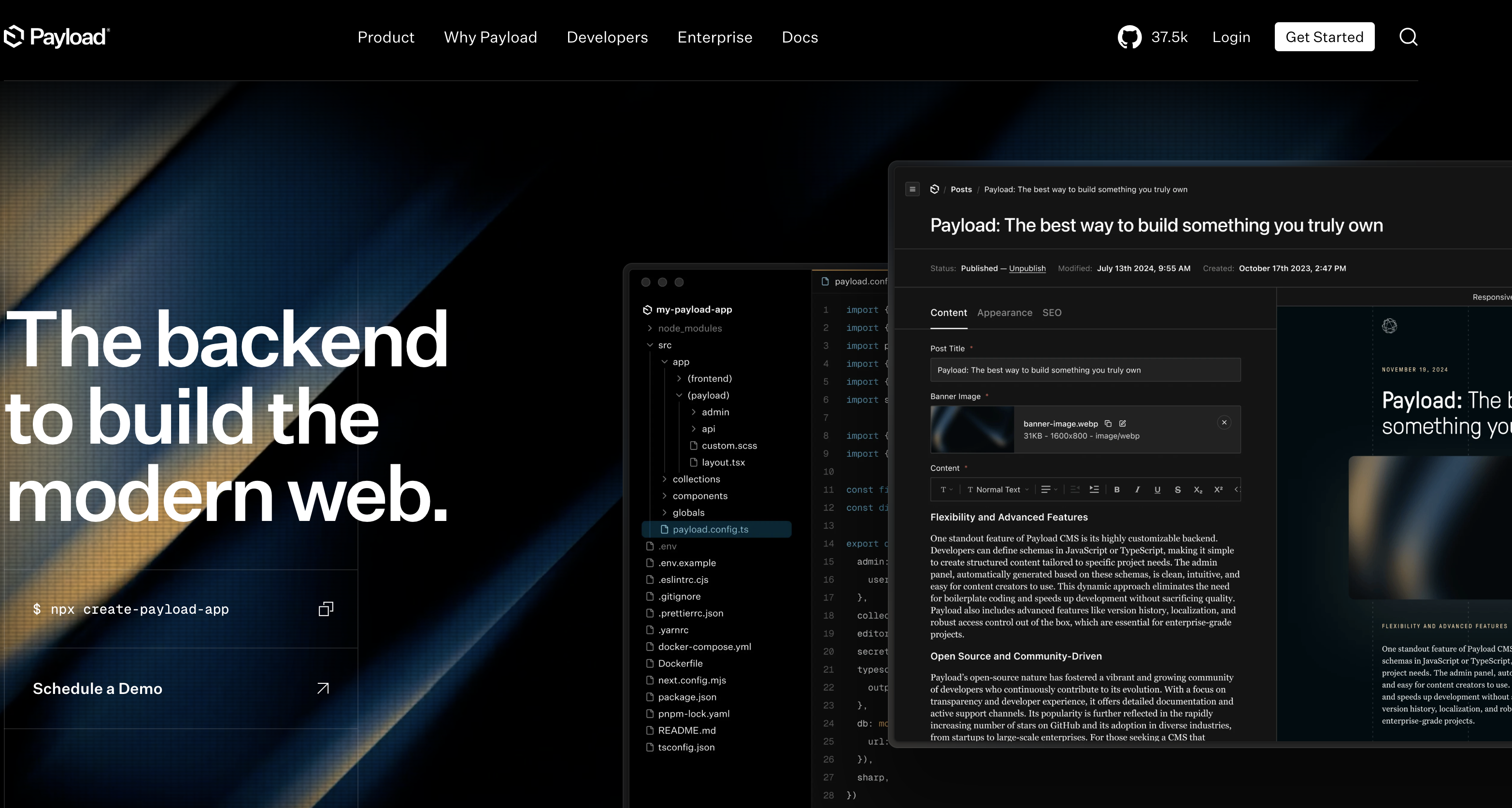 TypeScriptベースで開発されたモダンなヘッドレスCMS。コンテンツの管理をバックエンドで行い、フロントエンドとはAPIで連携する構造を持ち、柔軟な開発体験を提供