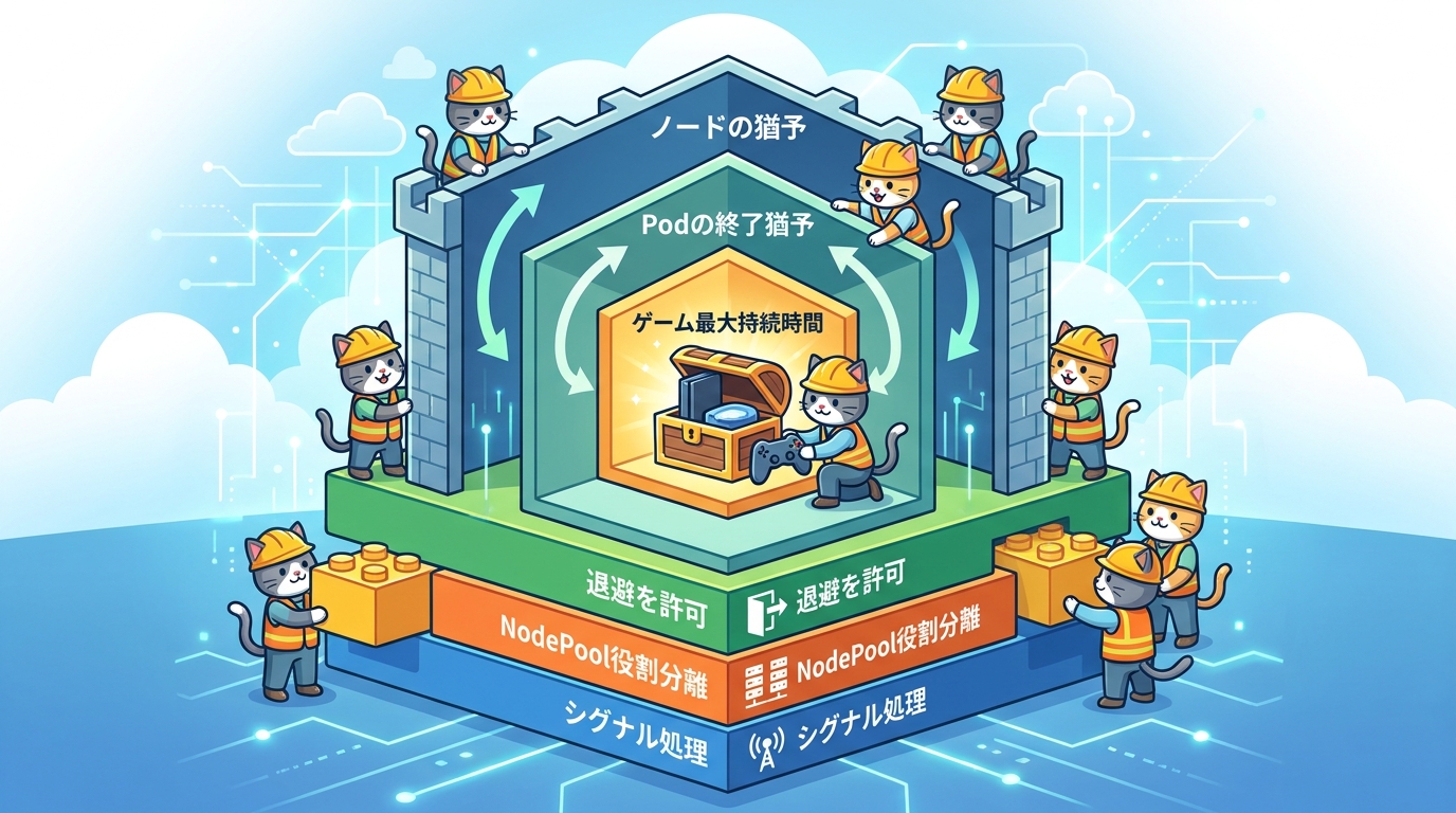 ノードのterminationGracePeriodがPodのterminationGracePeriodSecondsより長く、それがゲーム最大持続時間より長いという猶予期間の階層と、eviction設定やNodePool分離を積み上げた設計レイヤを示す図