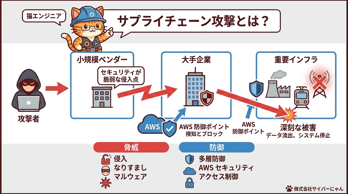 サプライチェーン攻撃の経路図:小規模ベンダーから大手企業・重要インフラへの侵害フロー