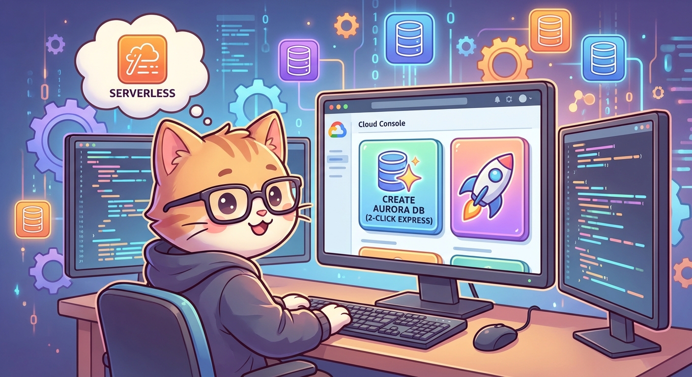 Aurora PostgreSQL express configurationで2クリックでデータベースを作成するイメージ