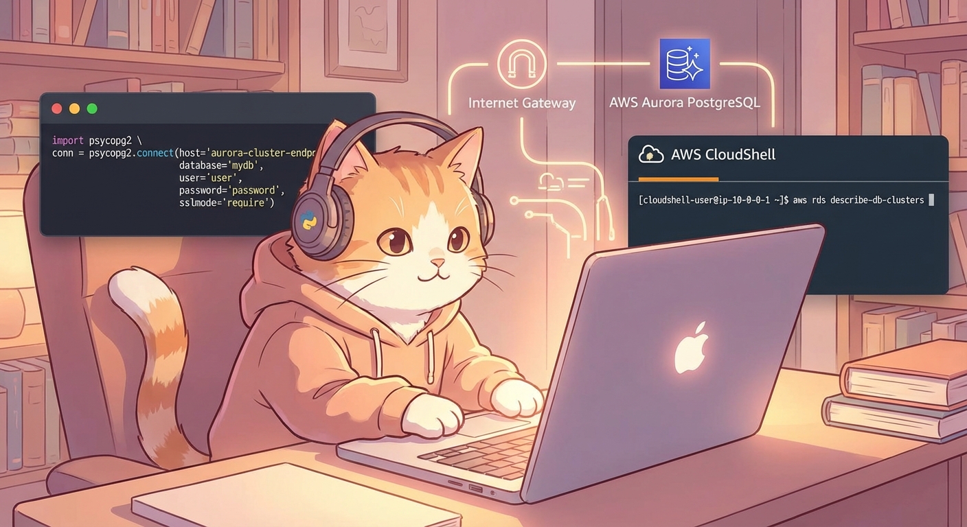 Aurora PostgreSQLにInternet Access Gateway経由で接続するイメージ