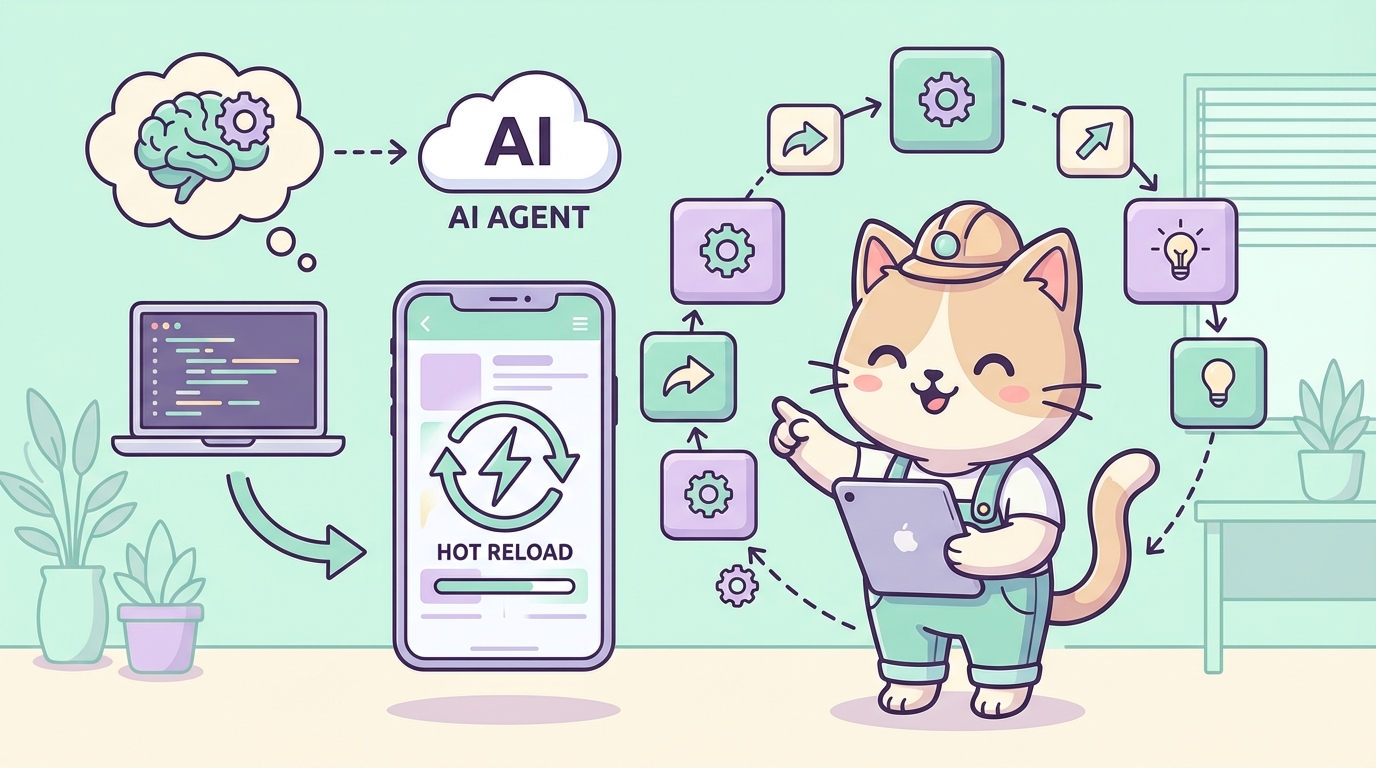 FlutterホットリロードとAIエージェントのワークフローを説明する猫エンジニアのインフォグラフィック