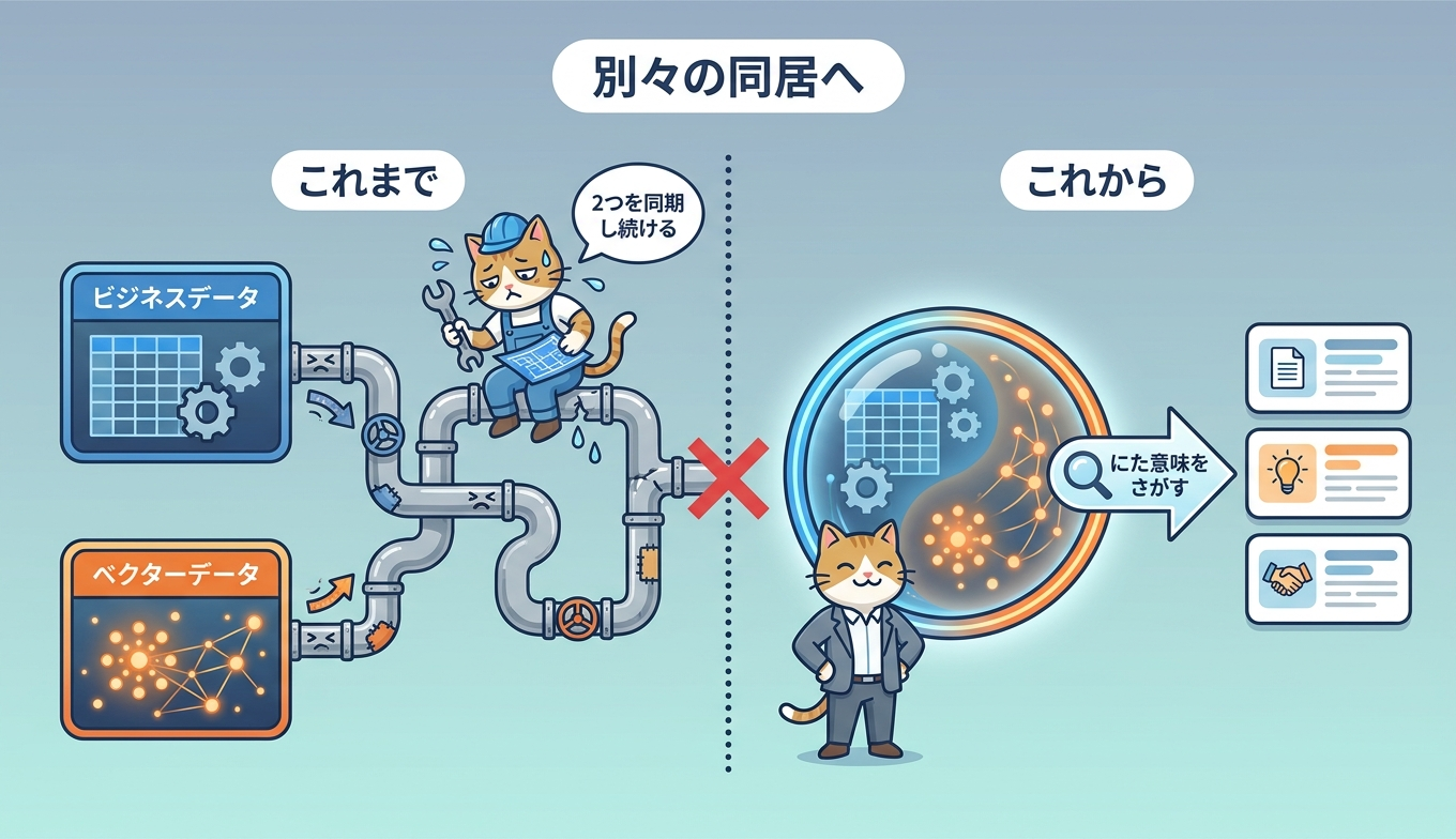 従来の別ストア構成と同期パイプラインが、DynamoDB単一テーブルに運用データと埋め込みを同居させる新構成へ置き換わる対比図
