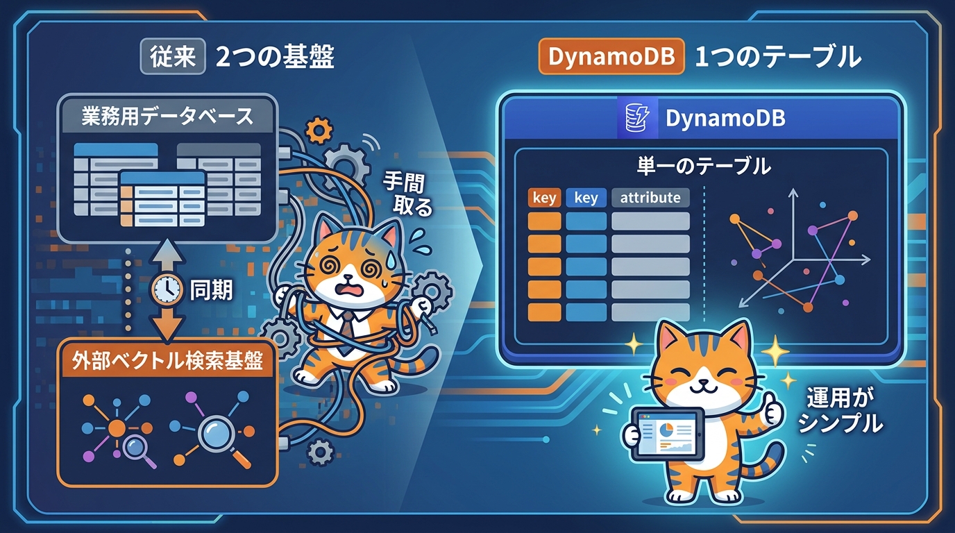 単一のDynamoDBテーブルが運用データとベクトル埋め込みを同居させる構成イメージ