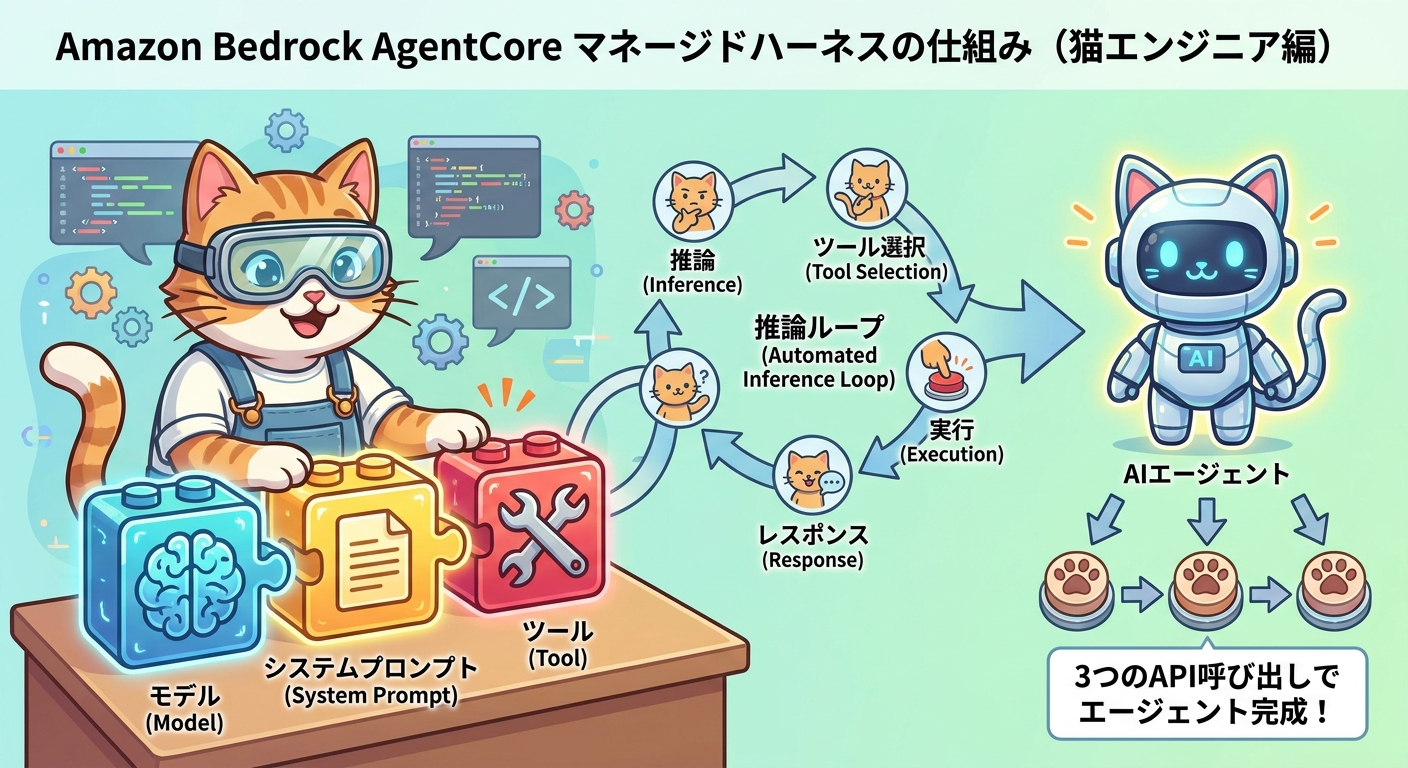 Bedrock AgentCoreのマネージドハーネスのアーキテクチャを示すインフォグラフィック