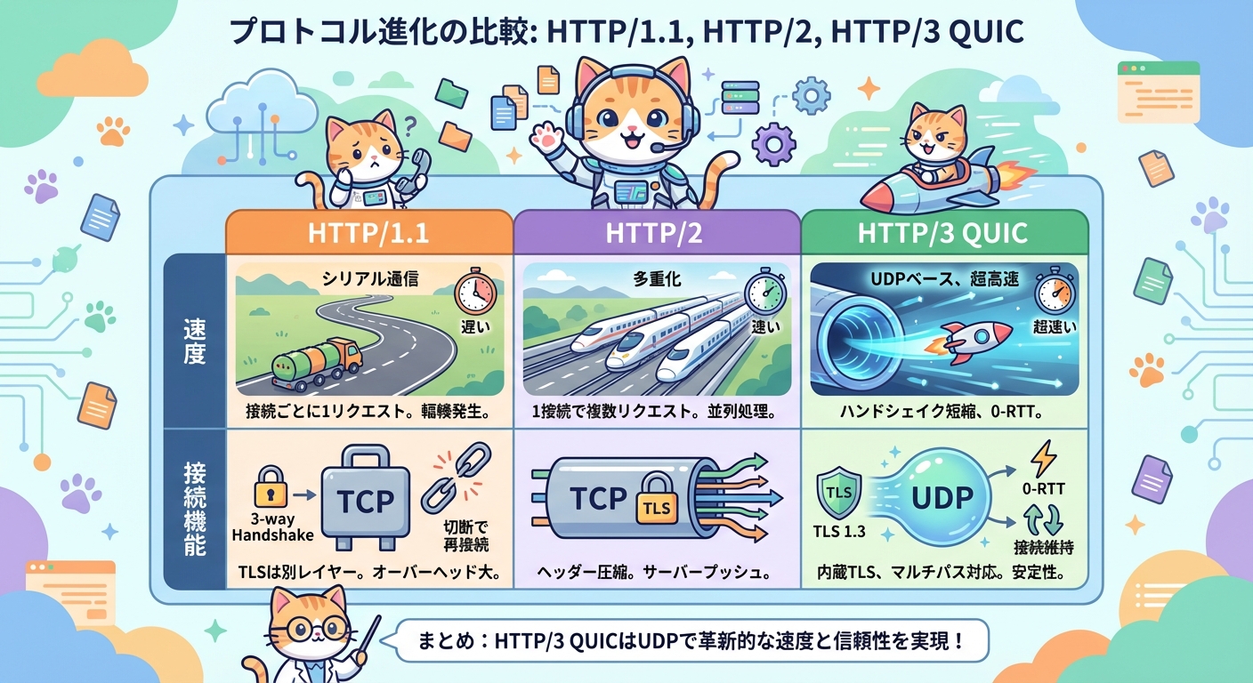 HTTPプロトコルの進化を示す猫のイラスト