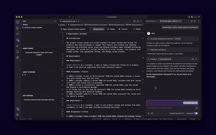 Kiro はコードベースと承認された仕様要件を分析して設計文書を生成します。データフロー図、TypeScript インターフェース、データベーススキーマ、API エンドポイントを作成します。例えば、レビューシステムの Review インターフェースなどです。これにより、通常開発を遅らせる要件の明確化に関する長いやり取りが不要になります。