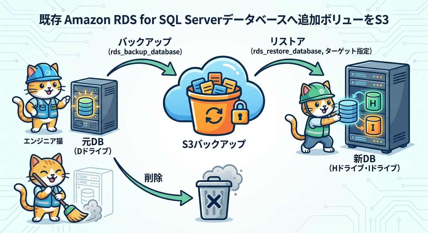 バックアップ/リストアによるボリューム間データ移行フロー図（S3経由の3ステップ）