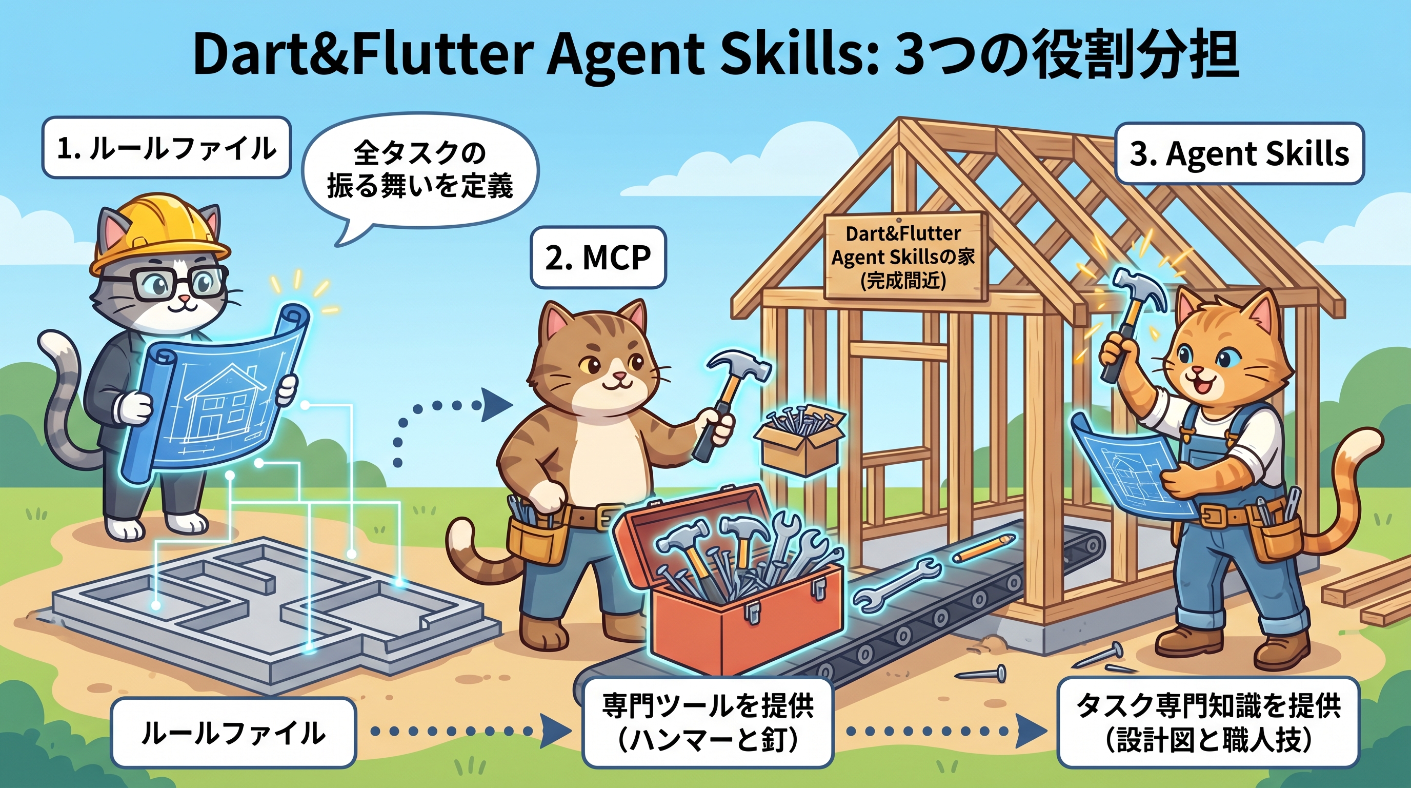 Dart&Flutter Agent Skillsの3つの役割分担図