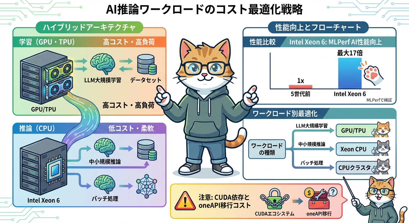 AI推論コスト最適化の戦略比較。NVIDIA GPU、Intel Xeon CPU、Google TPUのワークロード別適合性をわかりやすく解説するインフォグラフィック。