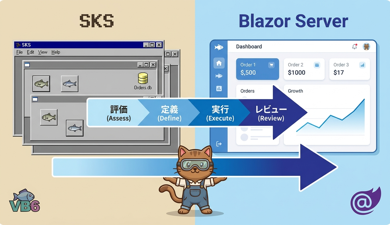 VB6 MDIフォームから.NET 10 Blazor Serverページへ4フェーズで移行する対比図