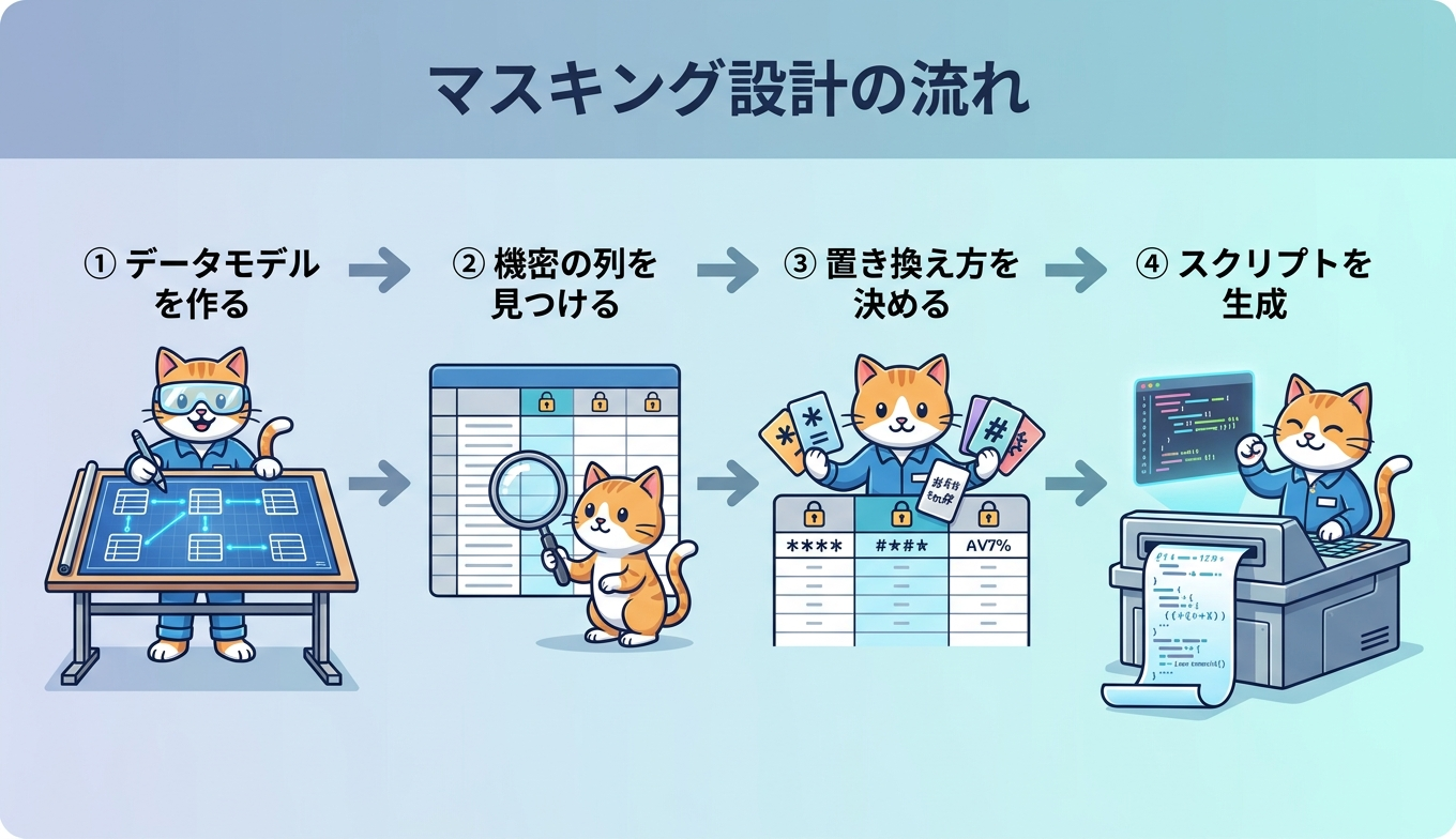 ADMの作成から機密列検出、マスキング定義、スクリプト生成までの4ステップを示したフロー図
