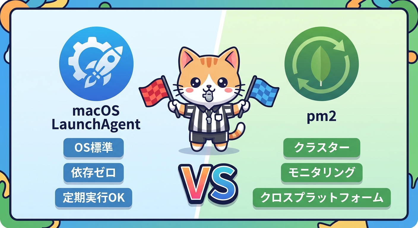 LaunchAgentとpm2の比較図