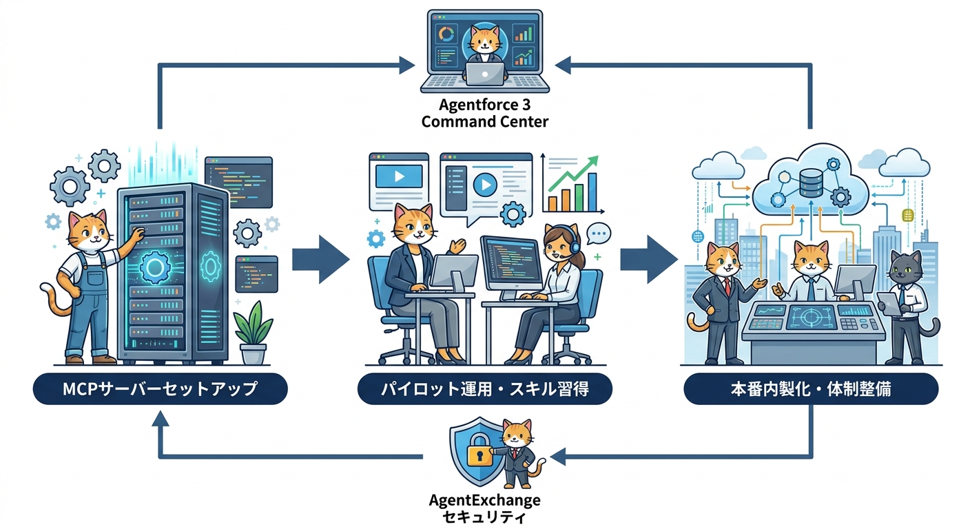 Salesforce DX MCPサーバー3ステップ導入ロードマップとAgentforce 3のガバナンス体制の図解