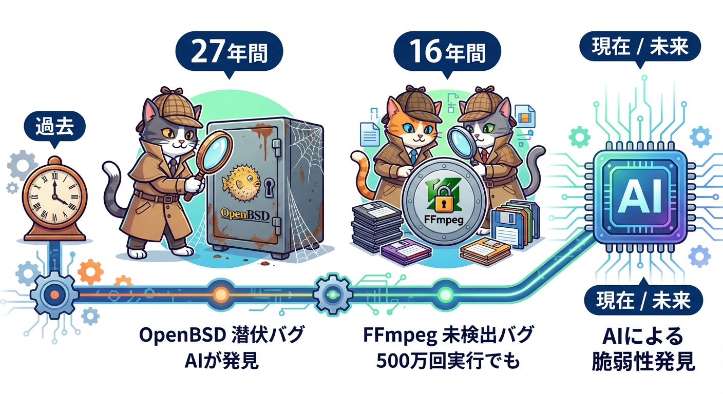 AIが発見した脆弱性事例のインフォグラフィック（OpenBSD・FFmpeg・Linuxカーネル）