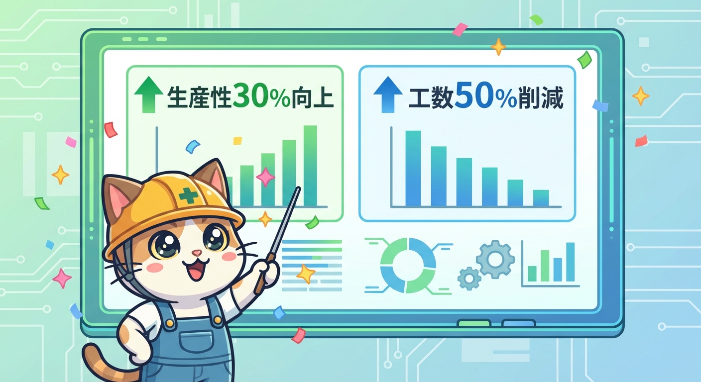 生産性30%向上・工数50%削減の成果を示すイラスト