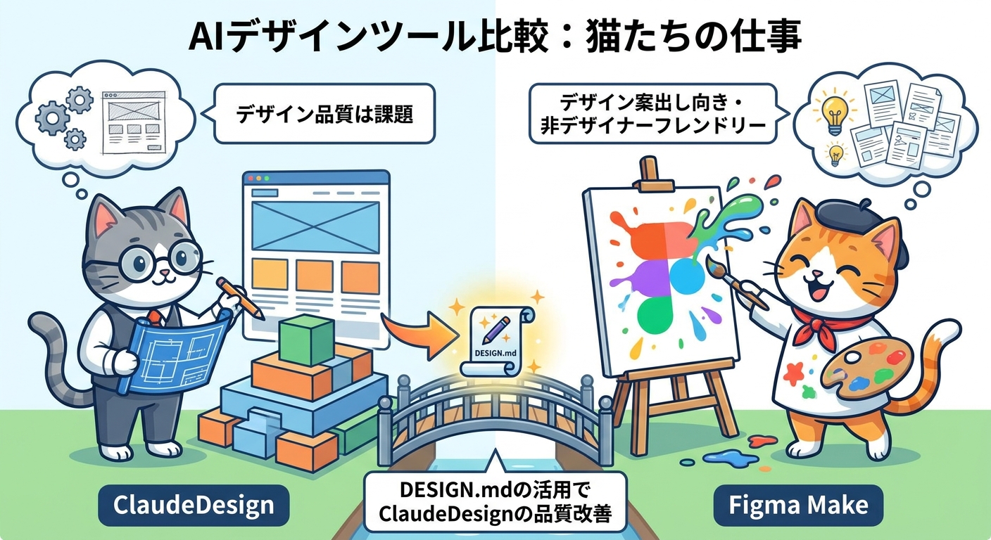 AIデザインツール比較: ClaudeDesign vs Figma Make のインフォグラフィック