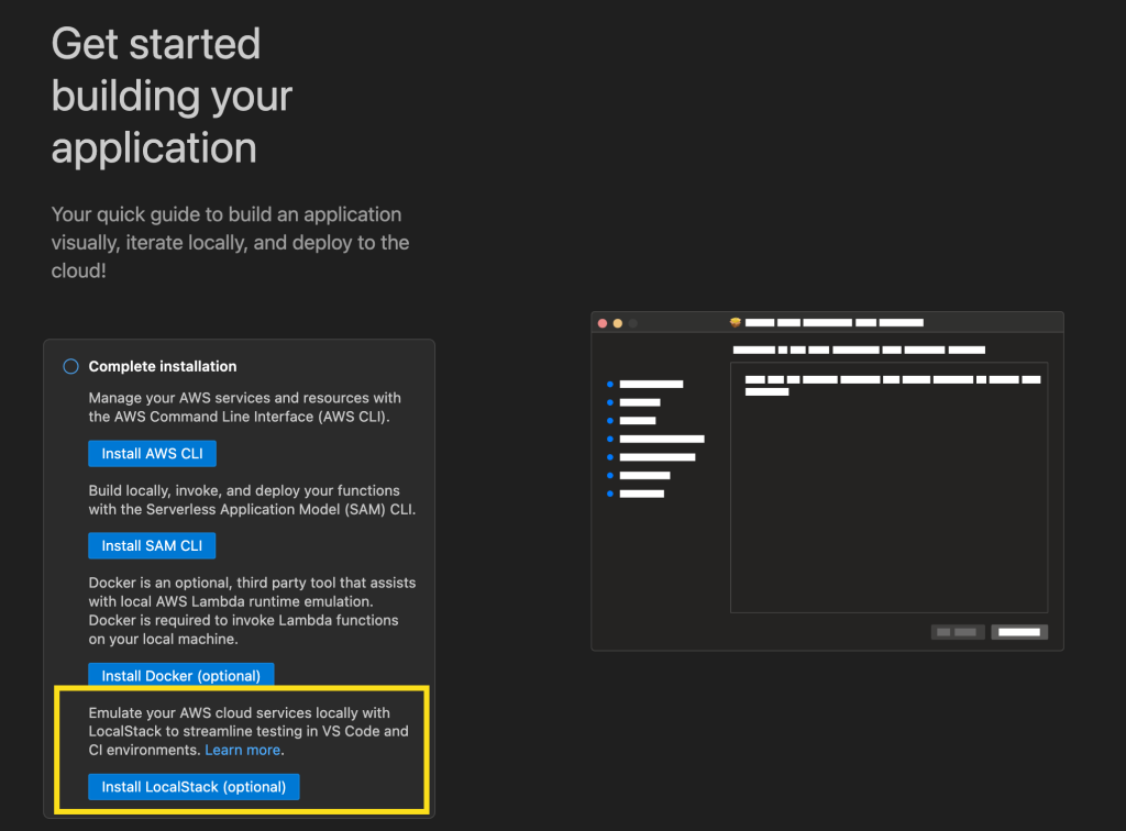 LocalStack のセットアップが完了したら、ステータスバーから起動、その後設定済みの AWS プロファイルのリストから LocalStack できるようになります。この画像では、Application Composer を使用して、Amazon API Gateway、Lambda、DynamoDB を使用するシンプルなサーバーレスアーキテクチャを構築