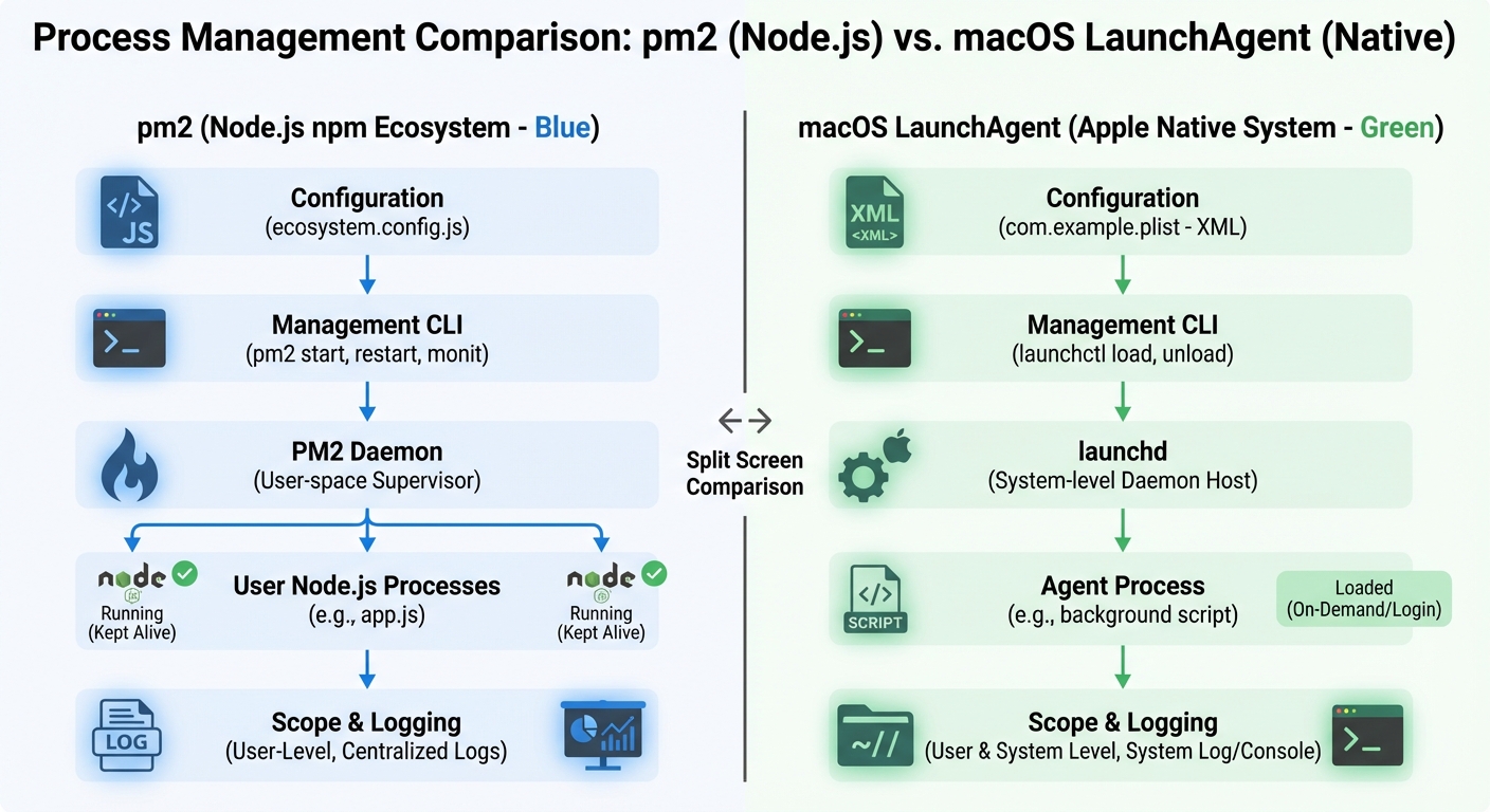 pm2 vs LaunchAgent 比較