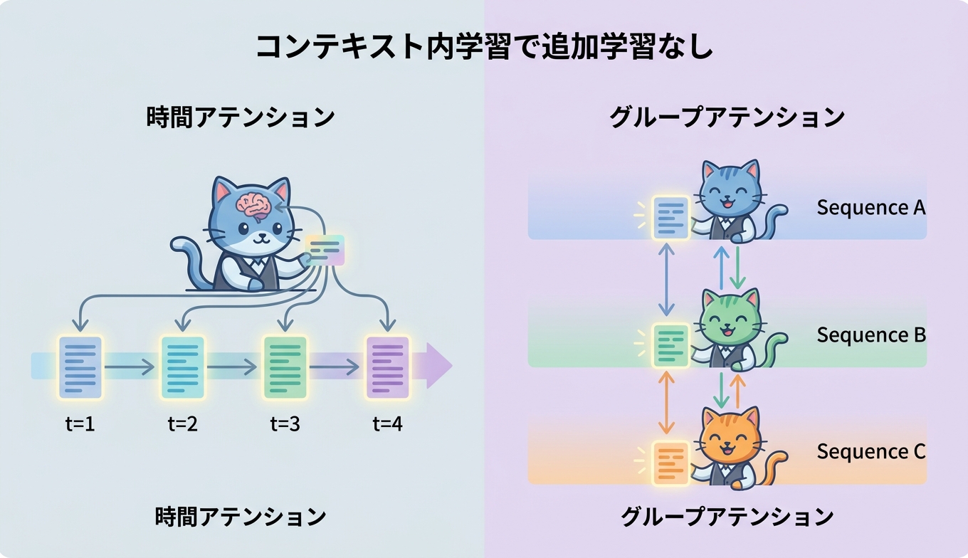 Chronos-2 のグループアテンションとコンテキスト内学習の仕組みを示した図