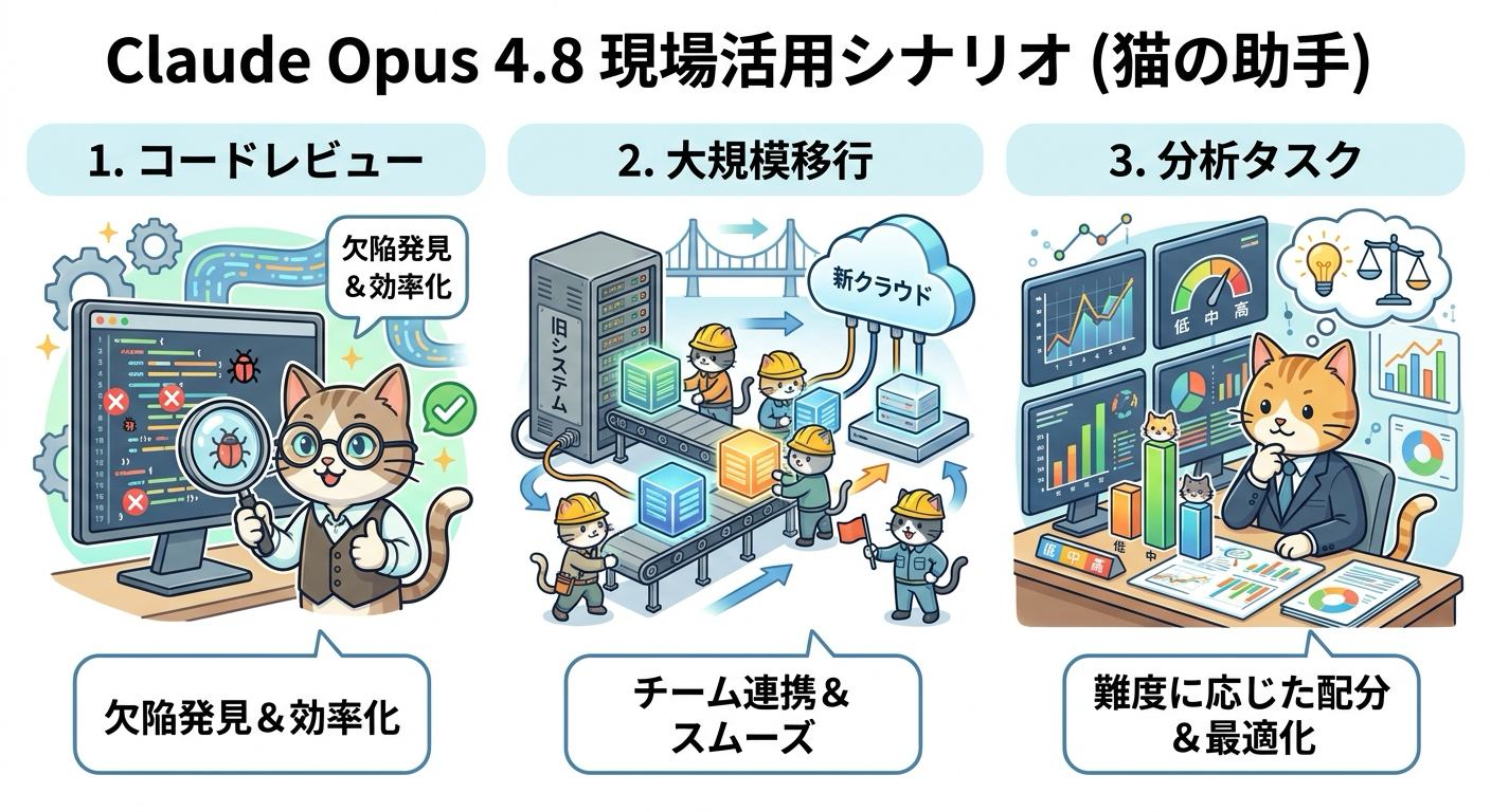 Claude Opus 4.8の活用シナリオ(コードレビュー・大規模移行・分析タスク)を表したイラスト