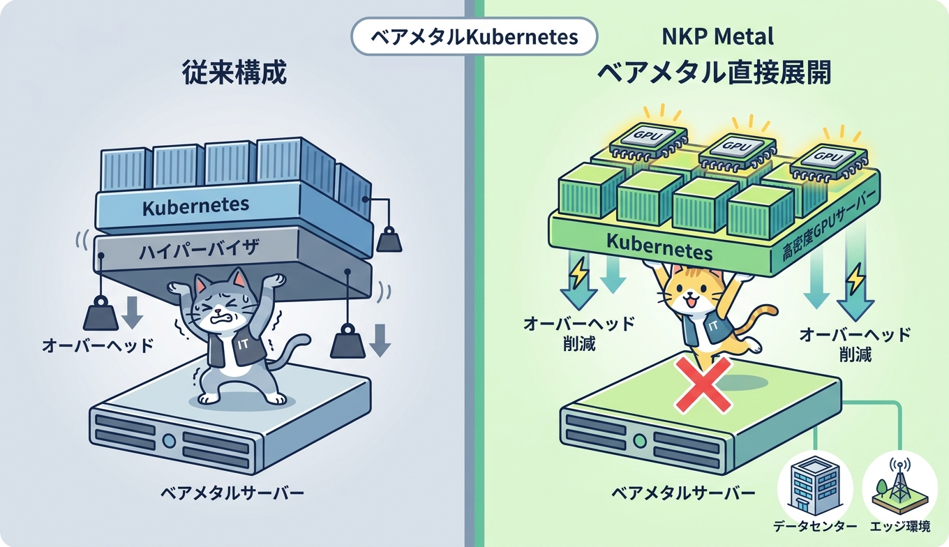 NKP Metal のアーキテクチャ比較図。従来のハイパーバイザを挟む構成と、ベアメタルに直接 Kubernetes を展開する構成を左右で対比