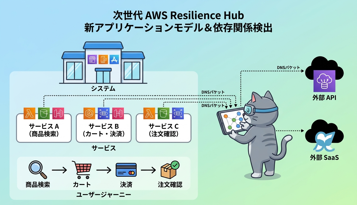 次世代 Resilience Hub の新しいアプリケーションモデルとサービス単位の依存関係を示す図