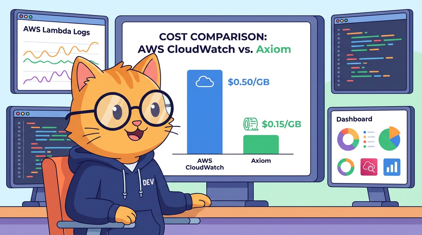 Axiomを活用してAWS Lambdaの可観測性コストを削減するエンジニア猫のイラスト