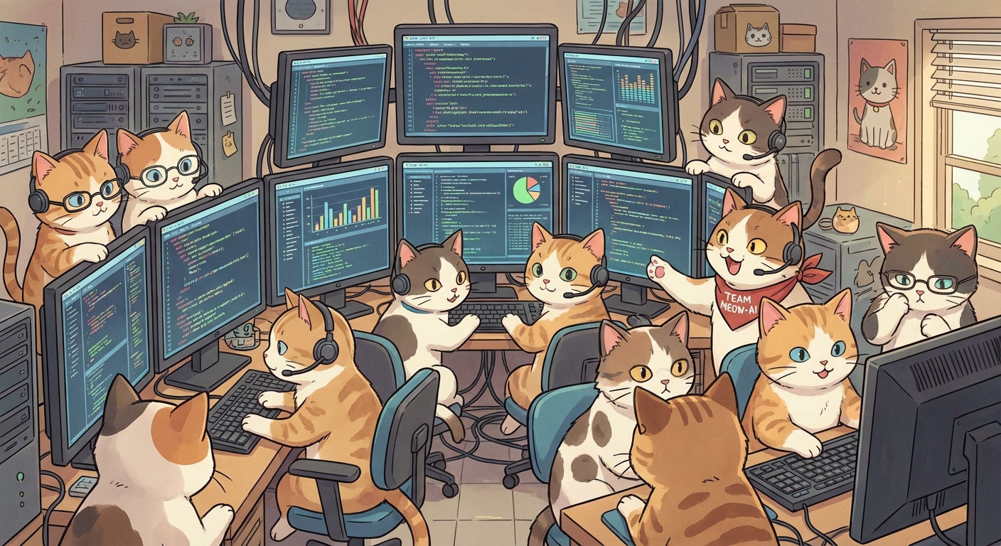 複数のAIエージェントが同時にコードレビューをするネコたち