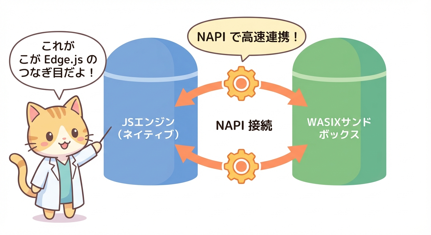 Edge.jsのアーキテクチャ概念図：WebAssemblyサンドボックスがNode.jsを安全に包む