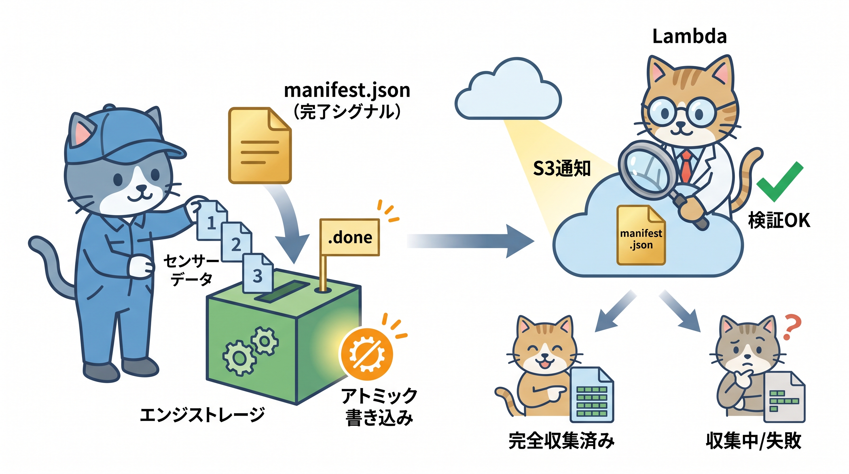 manifest.jsonを最後にPUTするアトミック書き込みパターンの図解