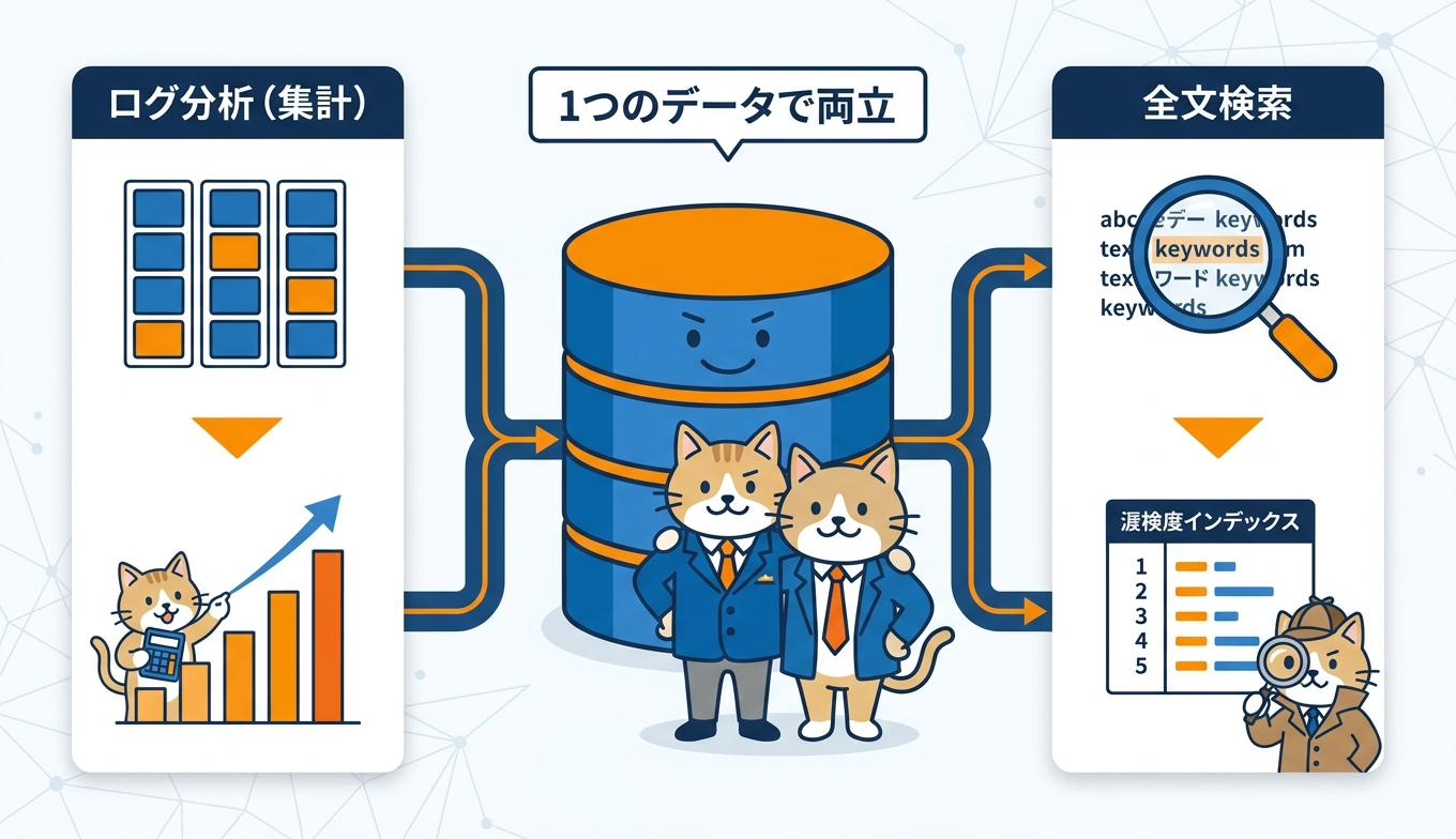 全文検索とログ分析が同一データ上で共存する仕組みを示すインフォグラフィック