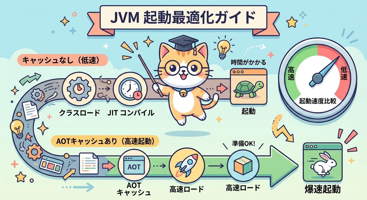 JVM起動最適化の仕組みを説明する猫のイラスト