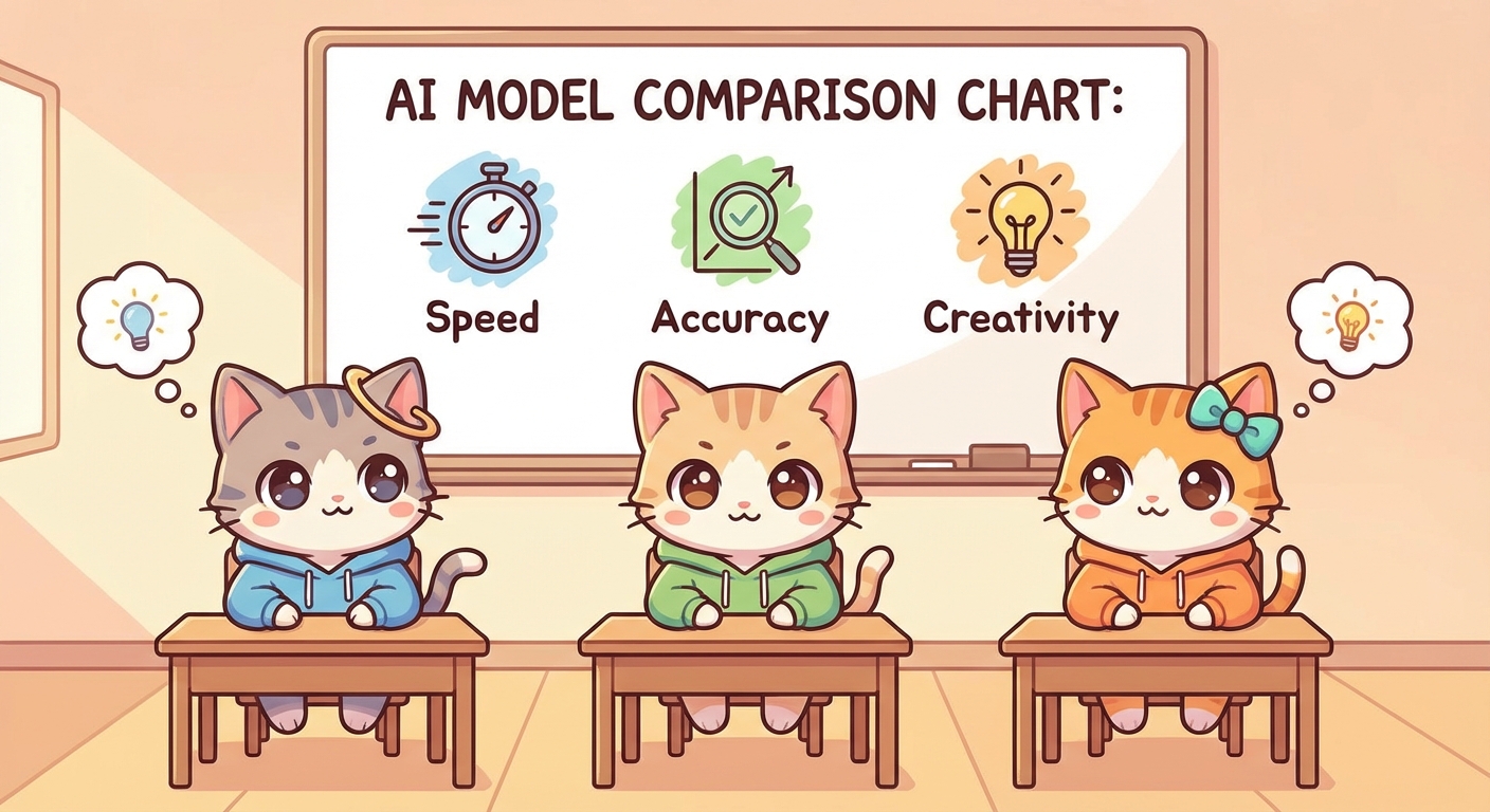 3種のAIモデルを比較するネコキャラクターたち