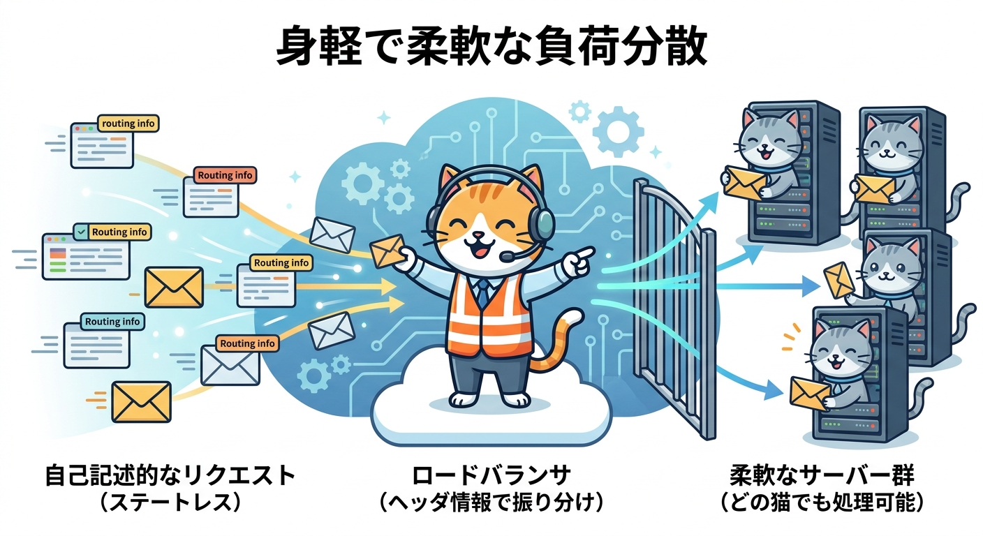 ステートレス化とヘッダルーティングによる負荷分散構成図