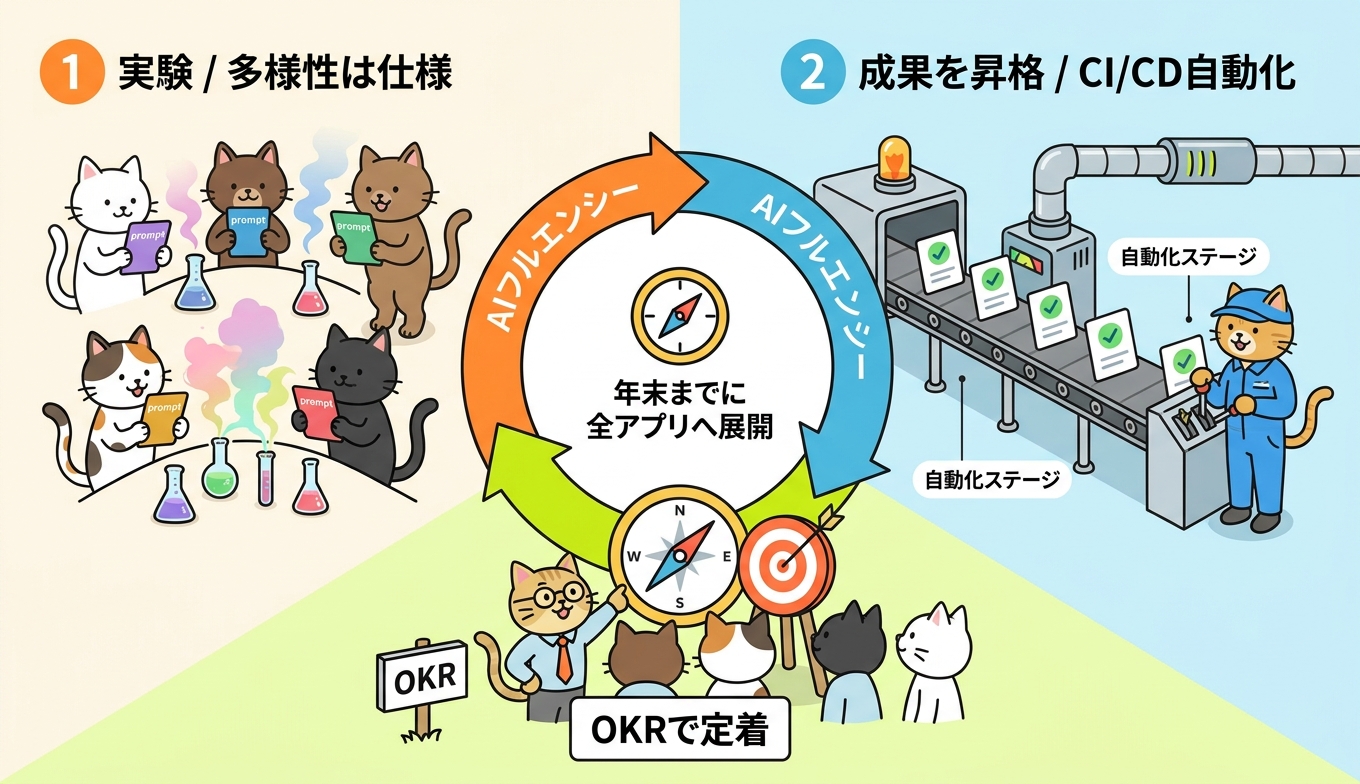 OKR・実験・CI/CD自動化で回るAI活用定着サイクルを示すインフォグラフィック