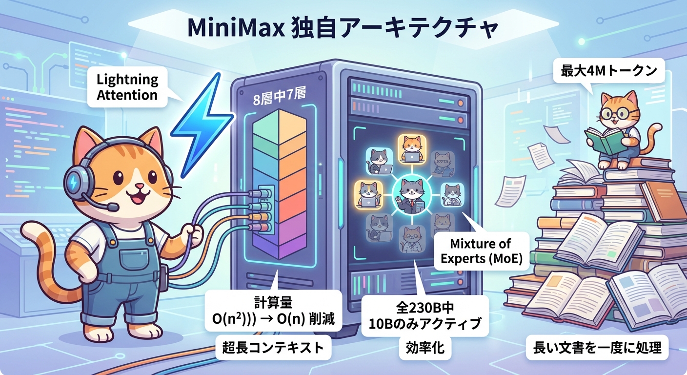 MiniMaxのアーキテクチャ技術特徴のインフォグラフィック