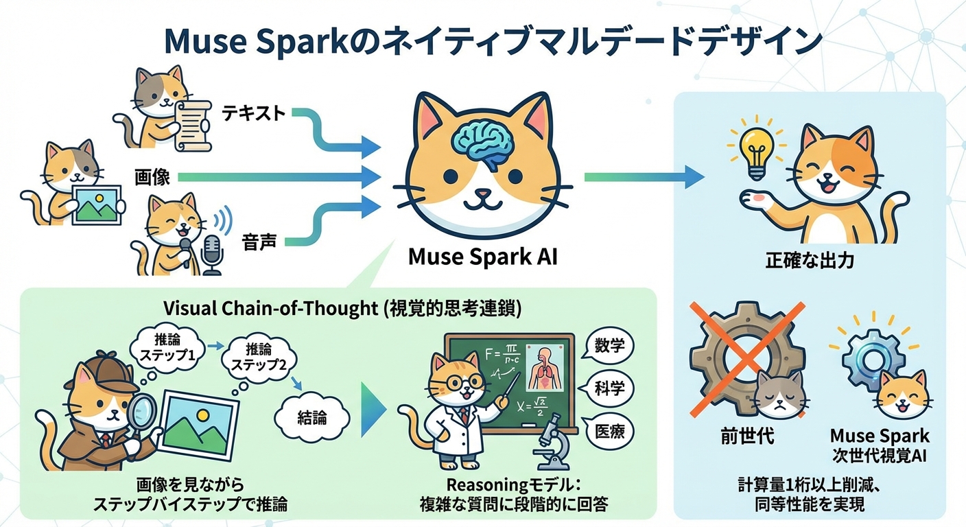 Muse Sparkのネイティブマルチモーダル設計と視覚的思考連鎖のインフォグラフィック