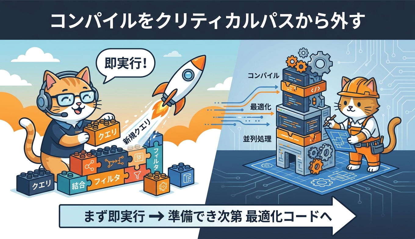 コンポジション技術が新規クエリを即座に処理し、バックグラウンドで最適化コードをコンパイルする仕組みを表したイラスト