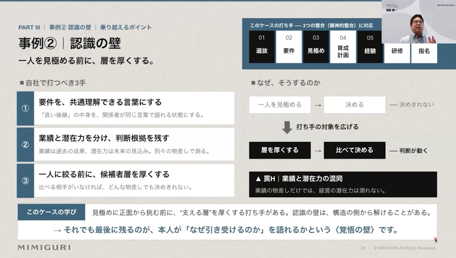 認識の壁を越えたケースのポイント。意思決定がなぜかうまく進まない要因の１つとして、過去の”成果”と経営の”ポテンシャル”を混同してしまうことも挙げられた。