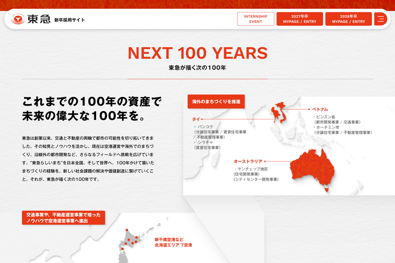東急が交通・不動産のノウハウを活かして国内外のまちづくりへ展開する「NEXT 100 YEARS」の図
