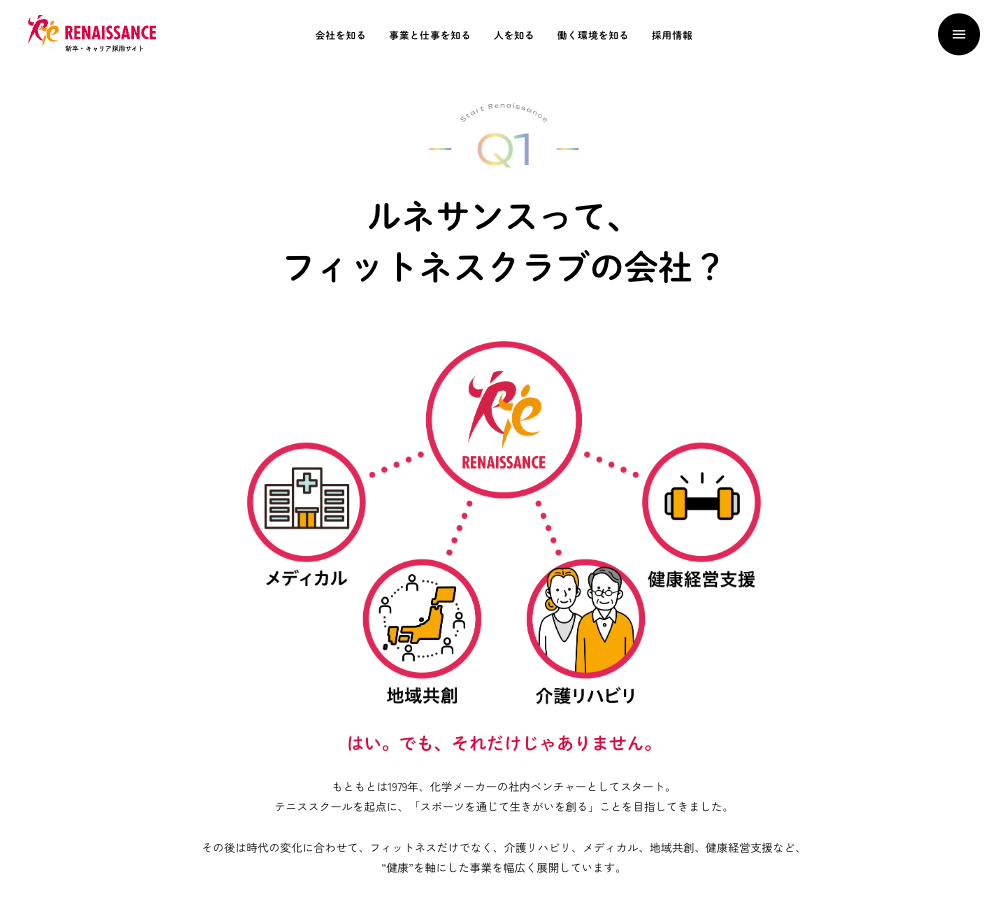 ルネサンスも、スポーツクラブのほか、自治体や企業向けの健康づくり、介護リハビリ事業などを採用情報に含めています。:https://recruit.s-re.jp/company/about#section01