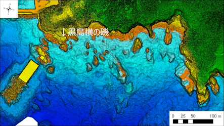 ～東伊豆の釣り場案内　下田市エリア　～　黒島横の磯（くろしまよこのいそ）海底地形図　水深段彩図