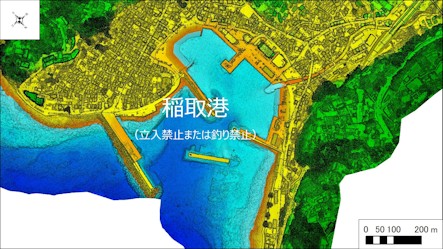 ～東伊豆の釣り場案内　東伊豆町エリア　～　稲取港（いなとりこう）海底地形図　水深段彩図