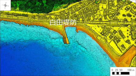 ～東伊豆の釣り場案内　東伊豆町エリア　～　白田堤防（しらたていぼう）海底地形図　水深段彩図