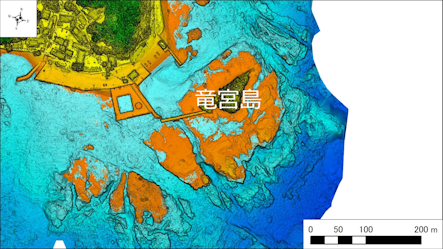 ～東伊豆の釣り場案内　下田市エリア　～　竜宮島（りゅうぐうじま）海底地形図　水深段彩図