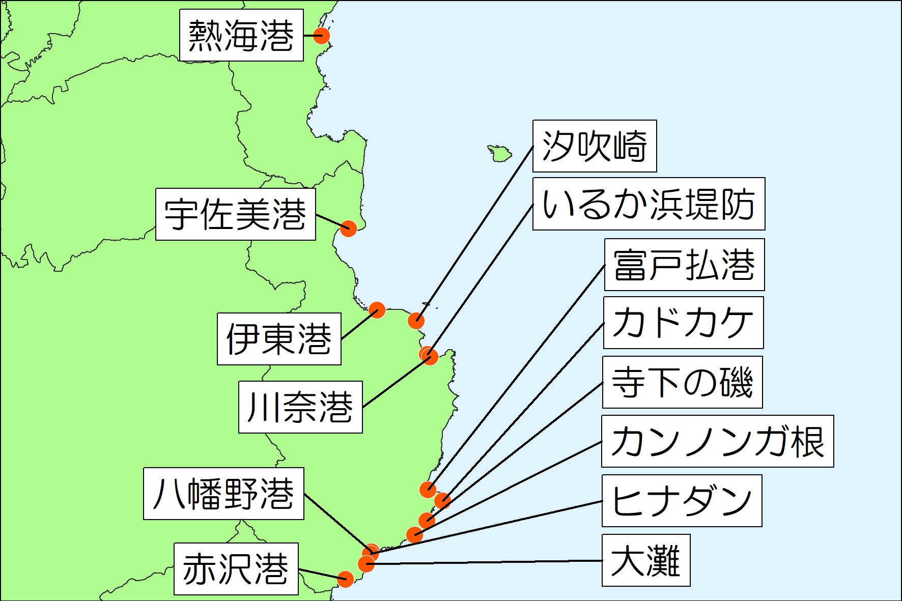 東伊豆釣り場紹介～熱海市～伊東市エリア～位置図
