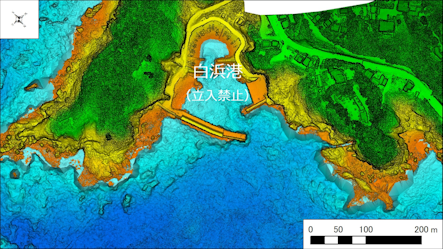～東伊豆の釣り場案内　下田市エリア　～　白浜港（しらはまこう）海底地形図　水深段彩図